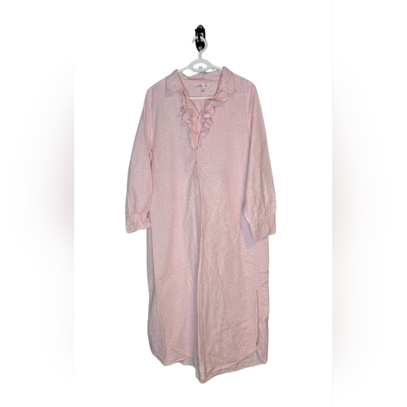 Vtg Pedal Pink Ruffled Long Flanel Floral Nightgown Size L Cozy GrannyCore Warm - Picture 1 of 8